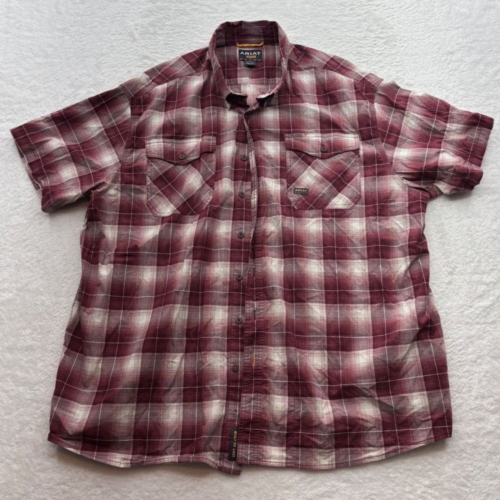 Ariat Rebar Mens 3XL Red Plaid Short Sleeve Button Down Work Shirt Stretch